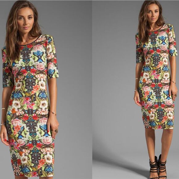 NEW Sam Lavi Nola Bodycon Dress XS Floral Print Midi Sexy Coquette Stretch Boho - Picture 1 of 12